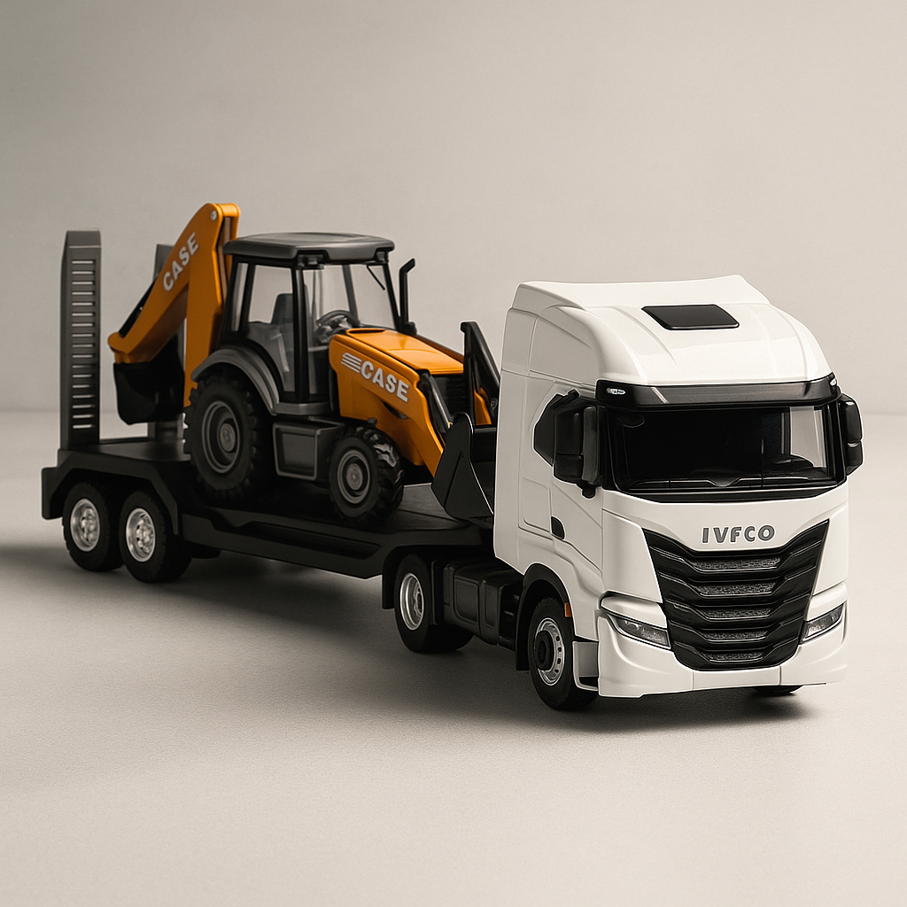Caminhão Cegonheira Iveco Brinquedo de Menino Miniatura 1:30 Trator Case Grande