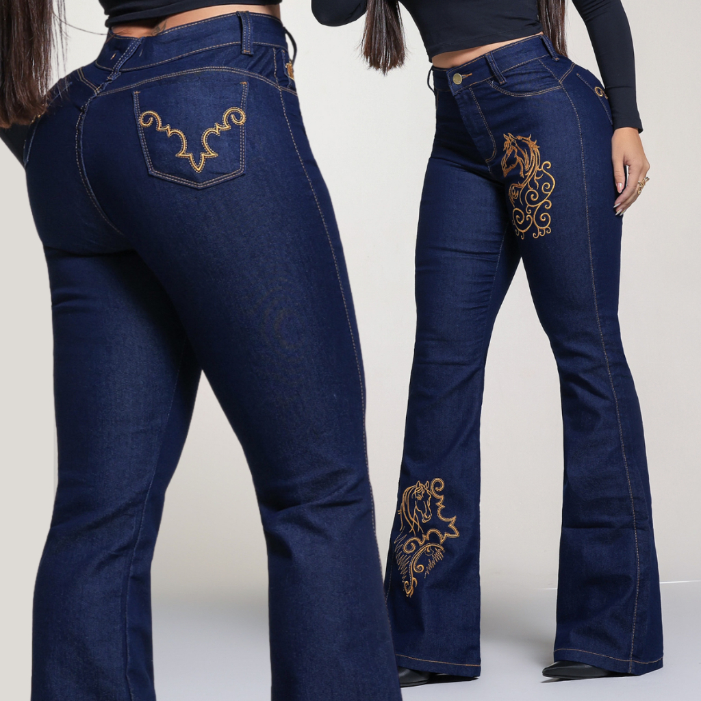 Calça Jeans Feminina Flare Bordada Country Com Elastano Cintura Alta Rodeio Muladeira Tecido Premium Reforçado Flaer