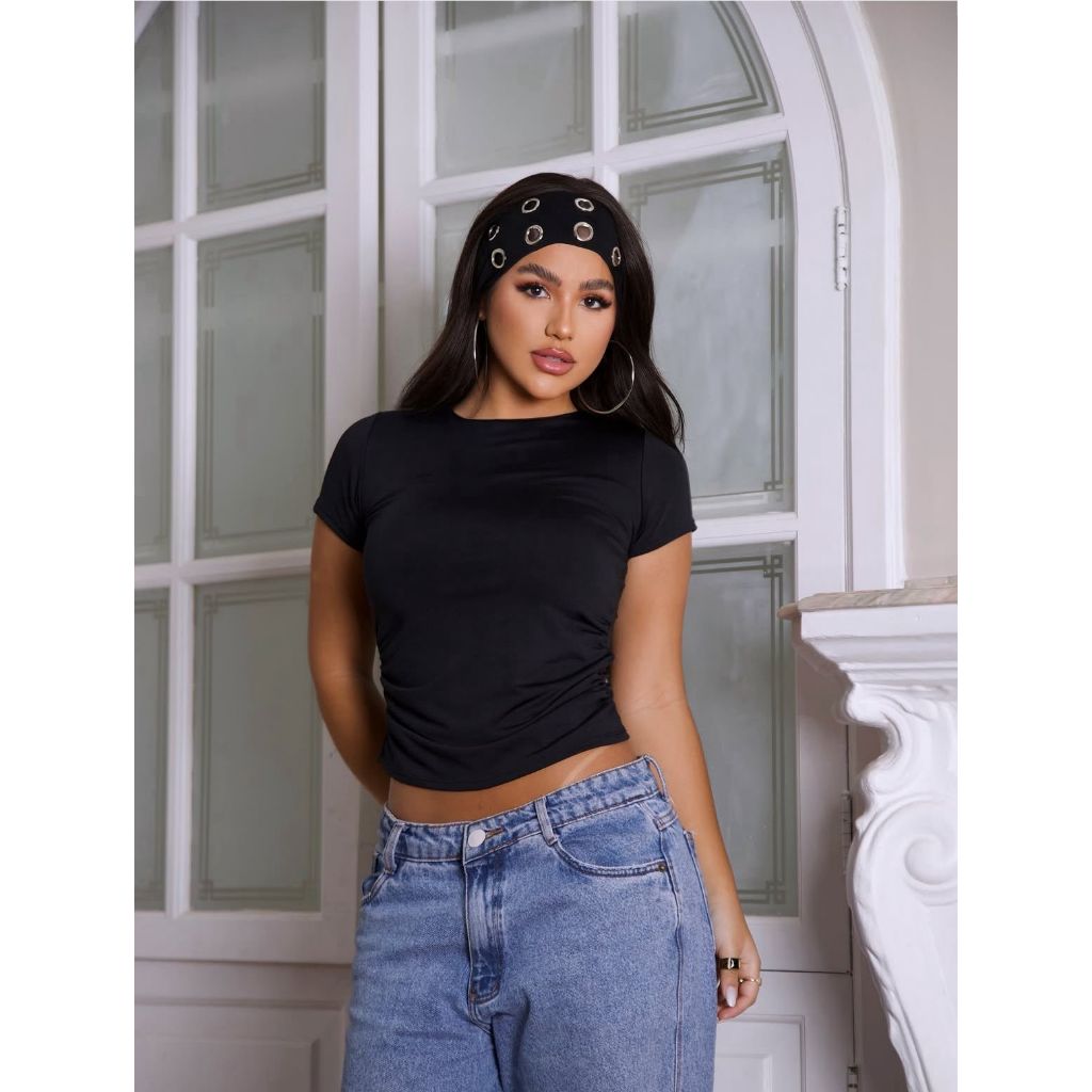 Cropped feminino em suplex com drapeado na cintura basico  TOP estiloso casual tendencia moda gringa blogueira blusa
