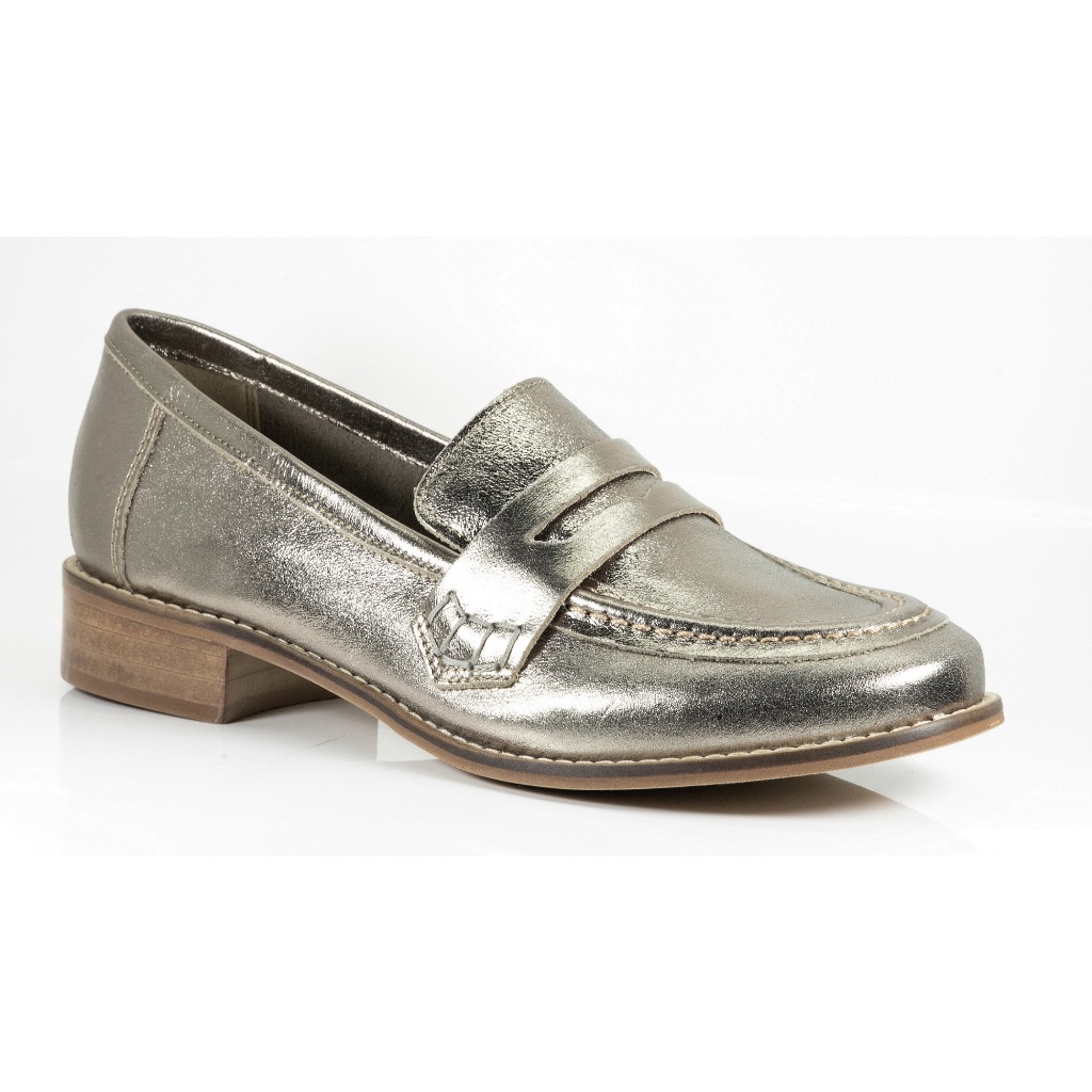 Mocassim Casual Feminino Loafer Couro Legítimo Gravata Social Calce Fácil Conforto Prata Bege Marrom