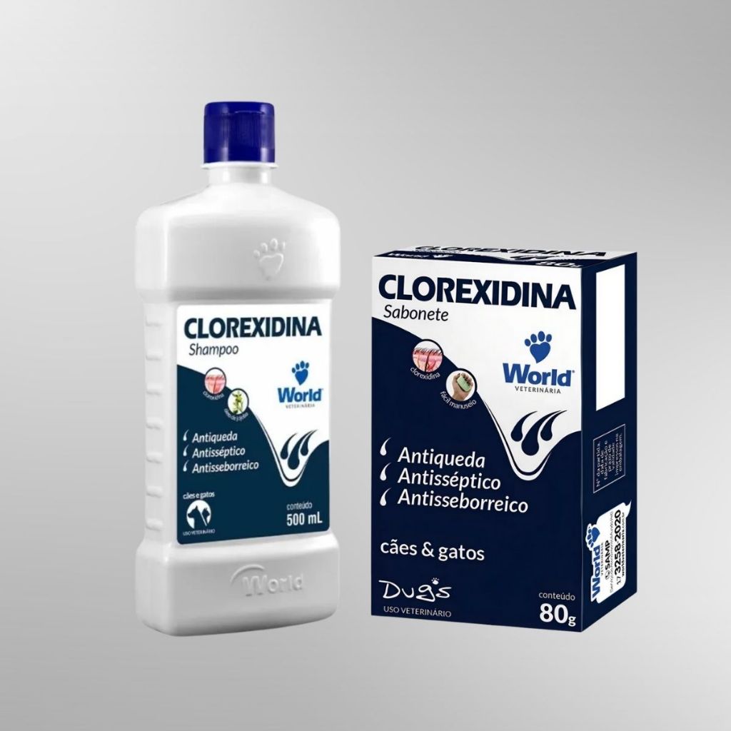 Shampoo Clorexidina + Sabonete Para Cachorros Gatos Trata Seborreia Dermatite Coceira Fortalece Pelo