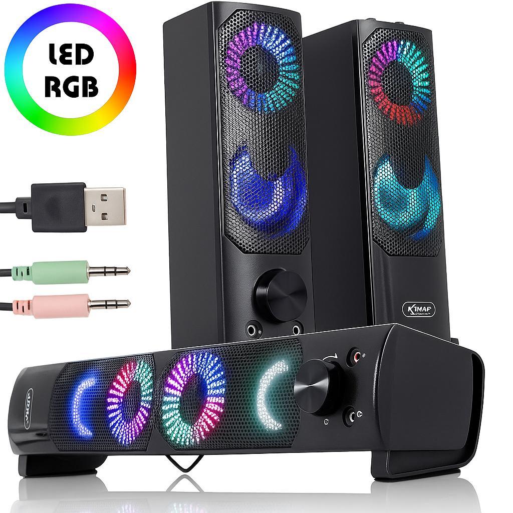 Caixa de Som Gamer Estéreo Mini Soundbar 6W com LED RGB USB P2 para Notebook e Desktop