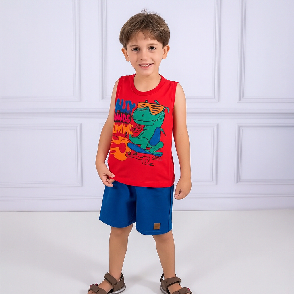Conjunto 2 Peças Menino Verão Camisa Algodão e Short Moletinho Conforto Verão