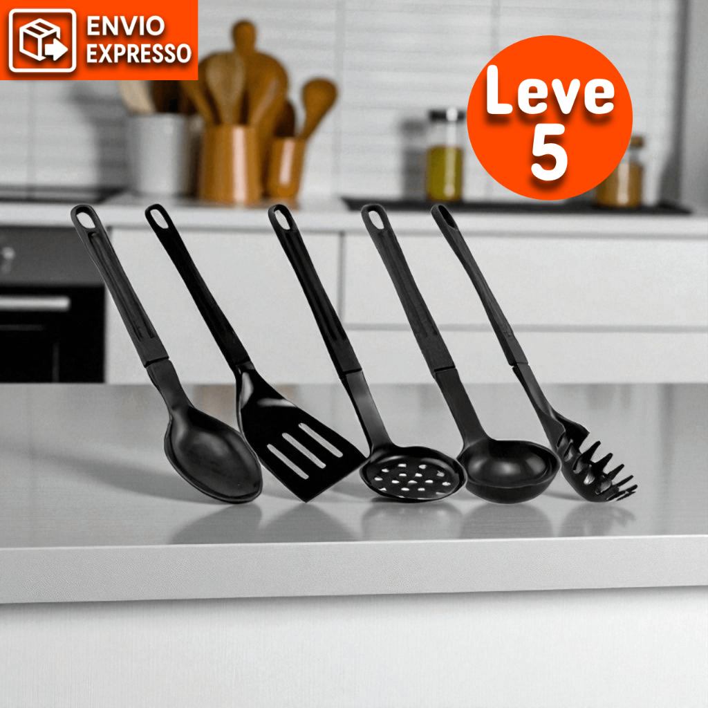 5 Colheres de Cozinha Talheres de Nylon Preto Espátula Concha Pegador Escumadeira Colher de Arroz