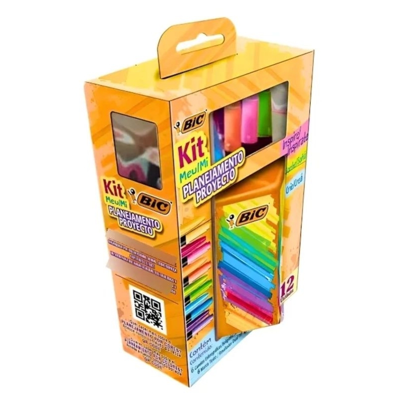 Kit Escolar Meu Planejamento Copo Organizador 6 Canetas + 6 Marca Texto Bic Cor Da Tinta Colori