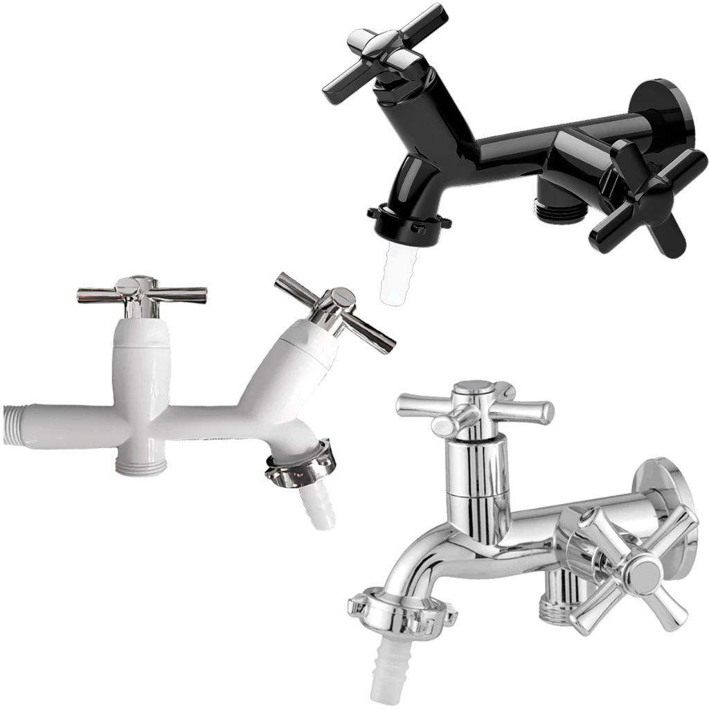 Kit Jogo 2 Torneiras Para Máquina De Lavar Tanque Parede Alta Qualidade PP Branca E Cromada ABS