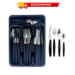 Jogo De Talheres 25 Peças Cabo De Plástico Inox Conjunto Faqueiro Com Porta Garfos Facas E Colheres Preto
