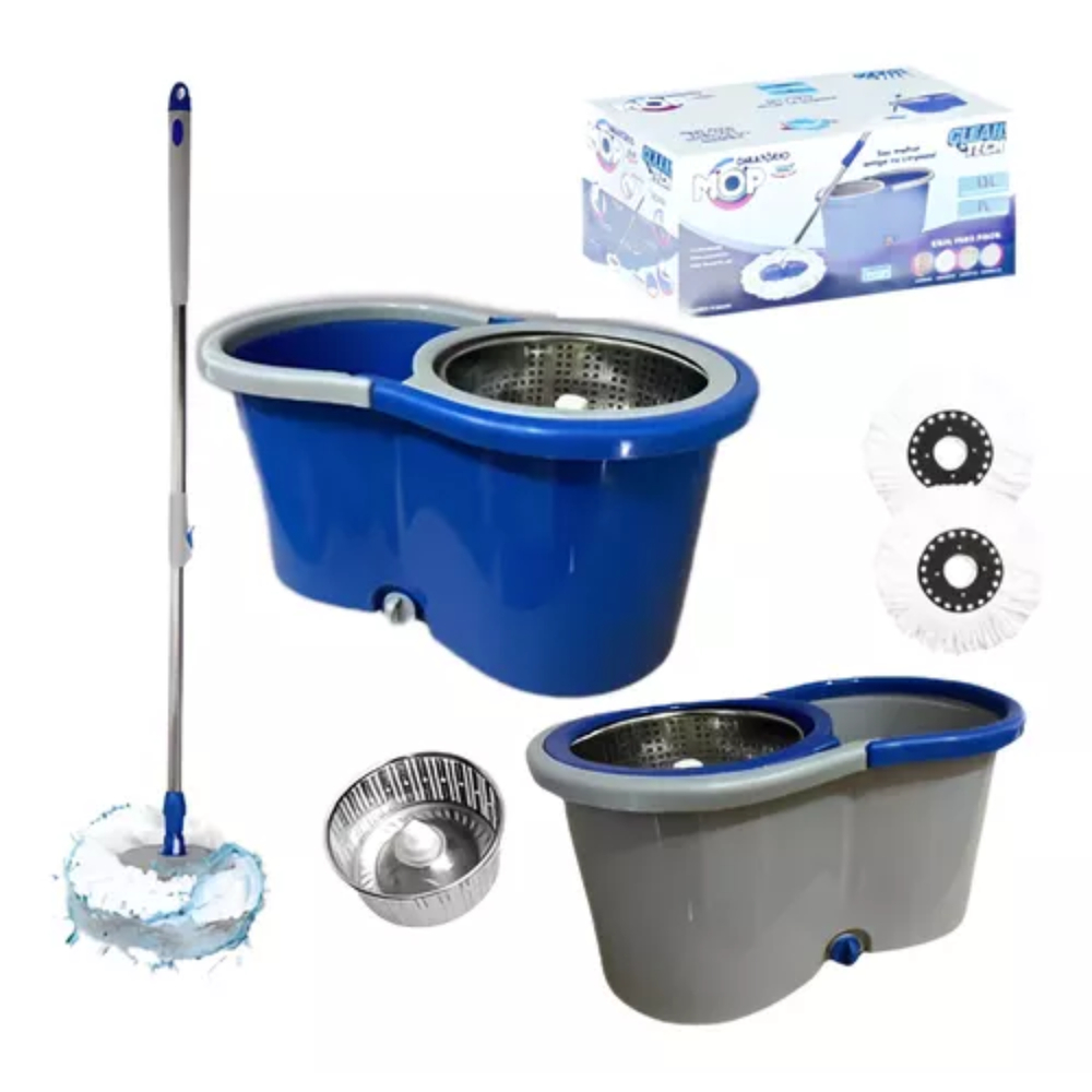 Mop Giratório 360º Automático Plástico Cabo de aço Inox Cesto com balde 8 Litros 2Refil Para Limpeza