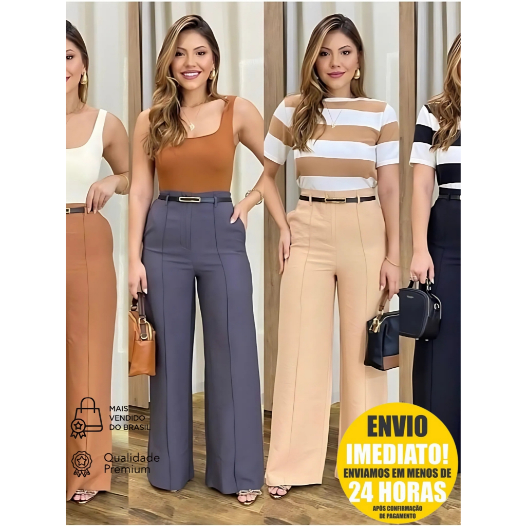 Calça Alfaiataria Pantalona Premium Cintura Alta Com Bolso E Cinto PROMOÇÃO Social