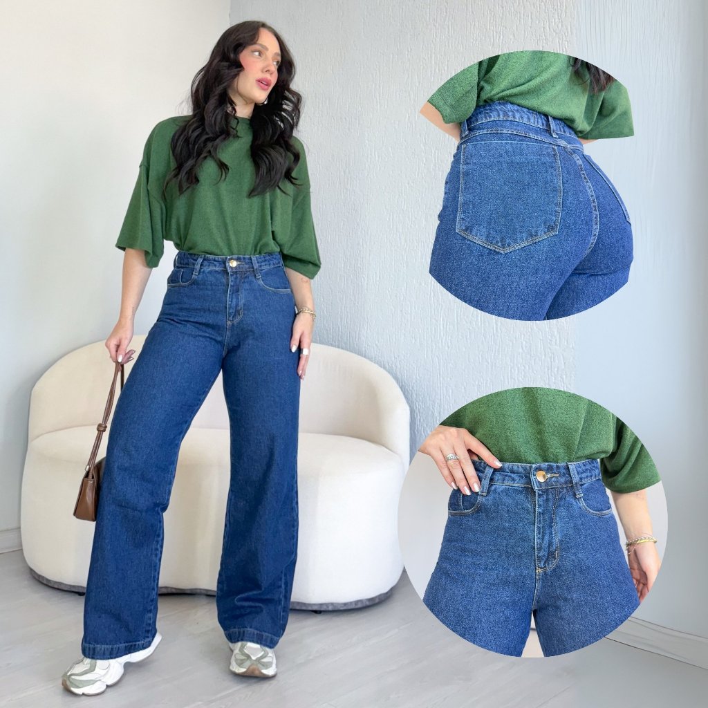 Calça Jeans Wide Leg Feminina Cintura Alta Casual Básica Pantalona 34 ao 46 Look Formal