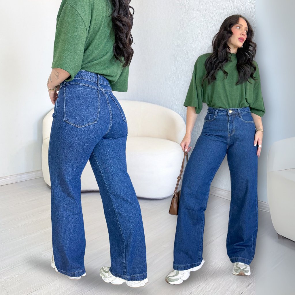 Calça Jeans Wide Leg Feminina Cintura Alta Empina Bumbum Casual Pantalona 34 ao 46 Look da Moda