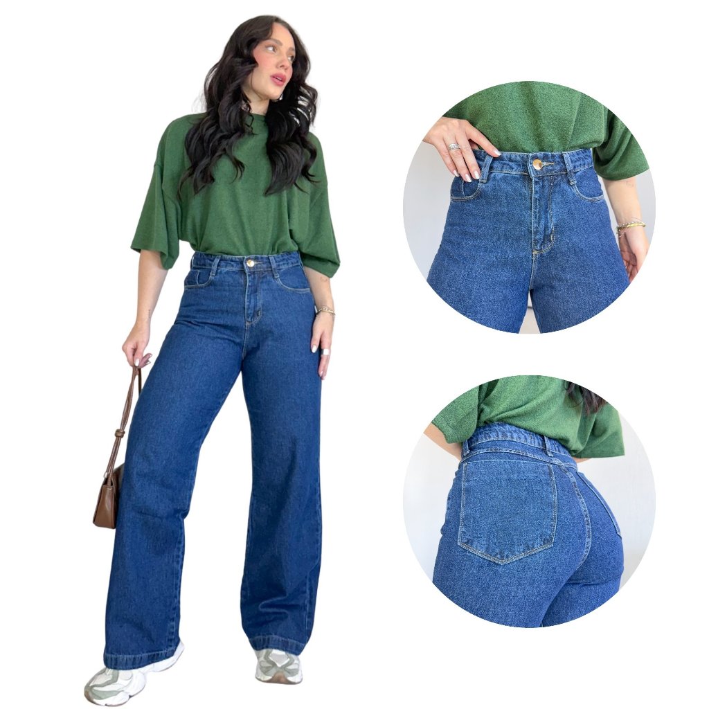 Calça Jeans Wide Leg Feminina Cintura Alta Casual Básica Pantalona 34 ao 46 Perna Larga