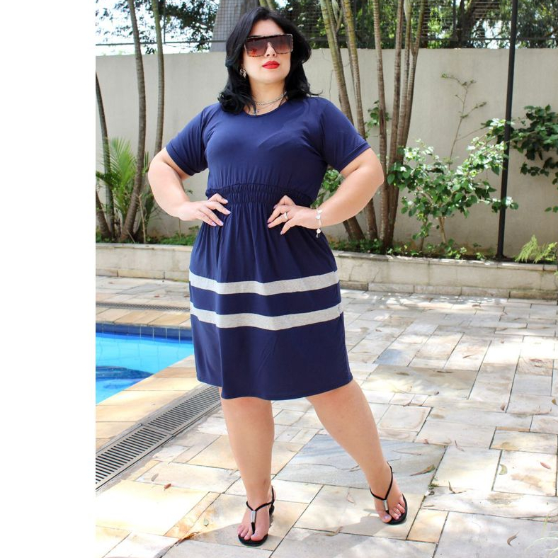 Vestido feminino Cintura Ajustável e Barra Combinada gola redondo