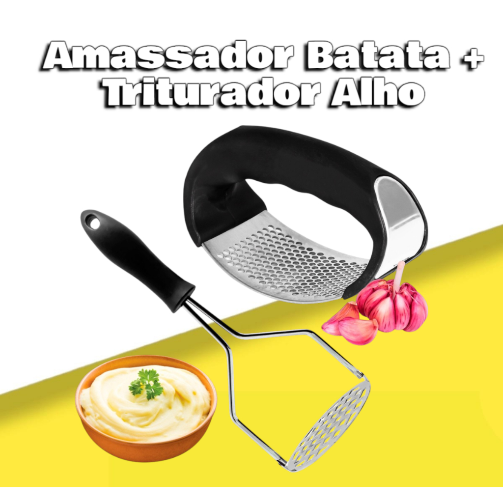 Kit Espremedor de Alho Inox Triturador + Amassador de batatas Inox Utensílios De Cozinha