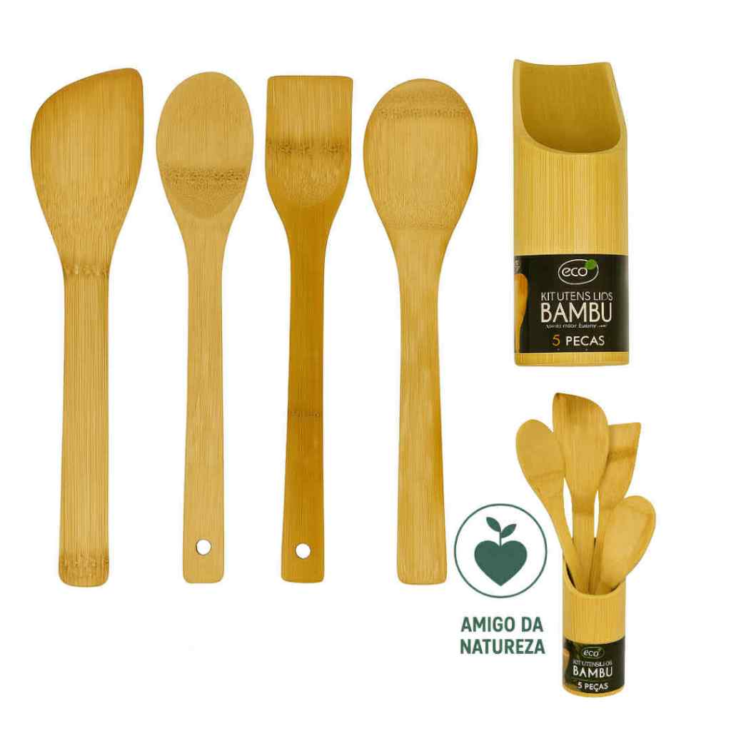 Kit Talheres Bambu Natural | Utensílios de Cozinha Sustentáveis e Duráveis ECO23048 em Oferta na Shopee