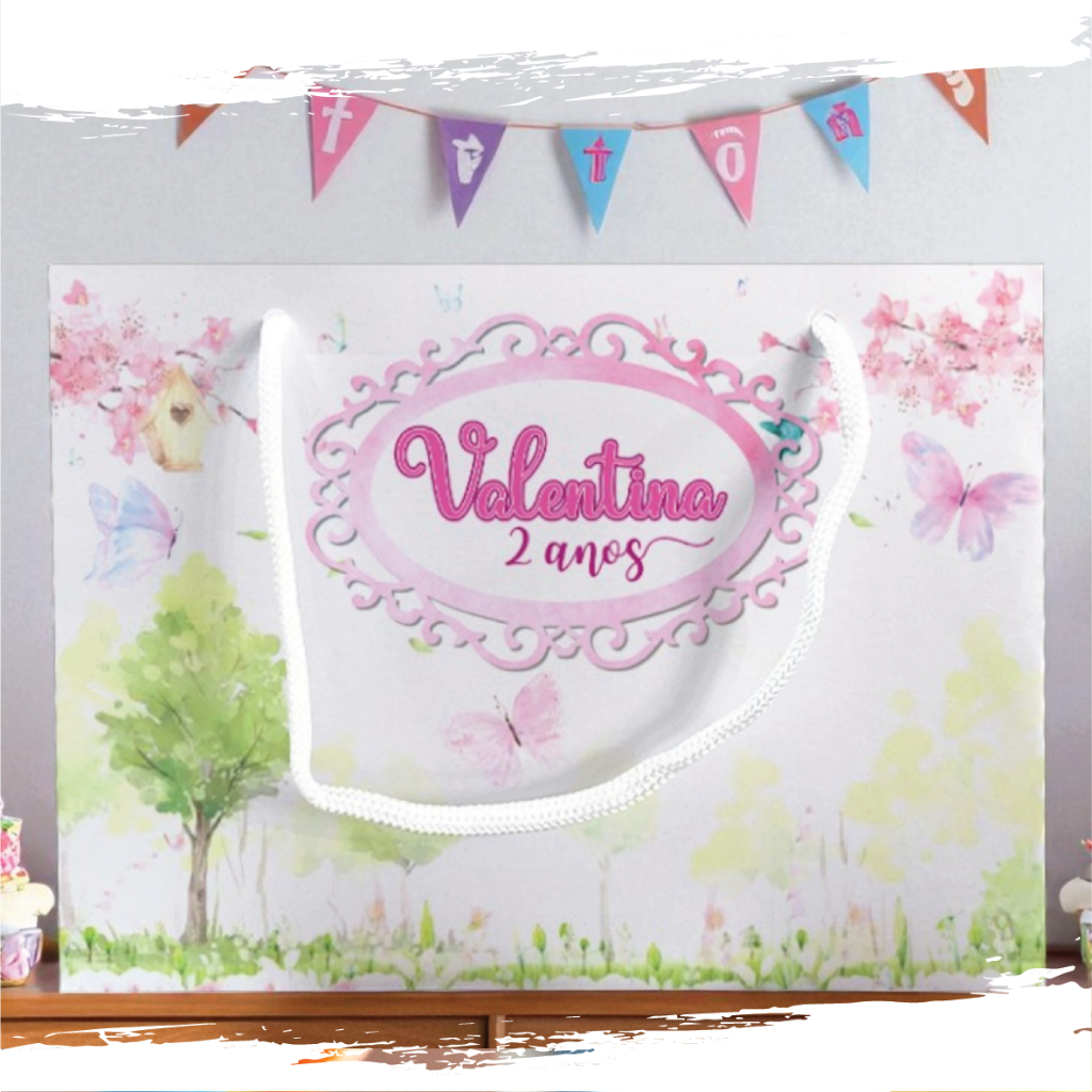 Sacolinha de Festa Jardim Encantado Borboleta Lembrancinha Personalizada Kit Festa Sacola Deitada Reta