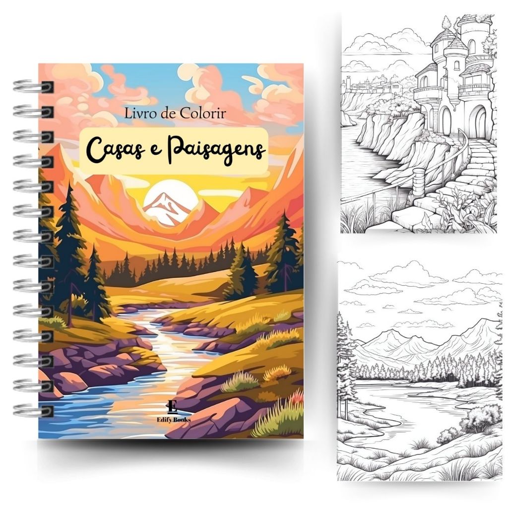 Livro de colorir adulto Desenhos de Casas e Paisagens Capa Dura Flexível Espiral  A5 120g 50 páginas em Oferta na Shopee