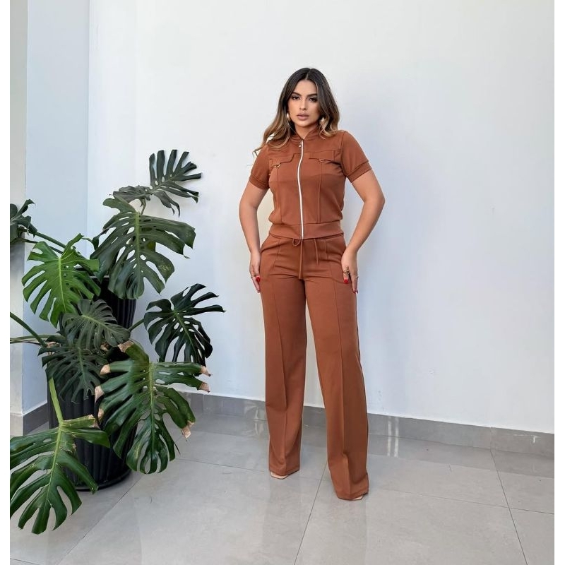 Conjunto Feminino Calça Pantalona e Blusa Manga Curta com Zíper