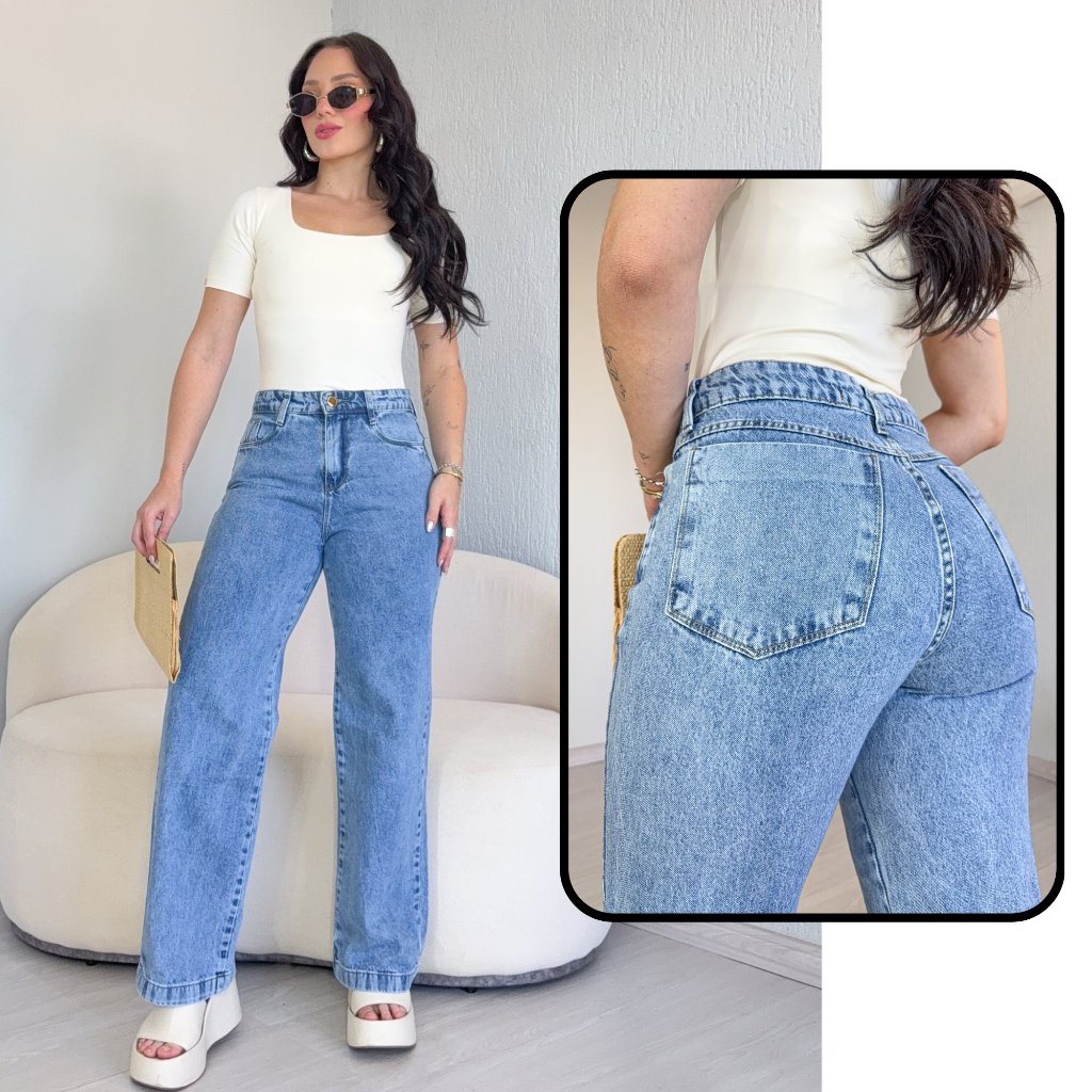 Calça Wide Leg Jeans Feminina Marmorizada Cintura Alta 34 ao 46 Pantalona Levanta Bumbum Perna Larga