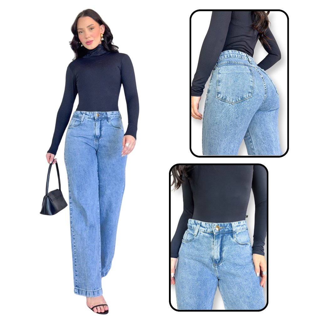 Calça Jeans Wide Leg Feminina Marmorizada Elegante Cintura Alta 34 ao 46 Pantalona Empina Bumbum