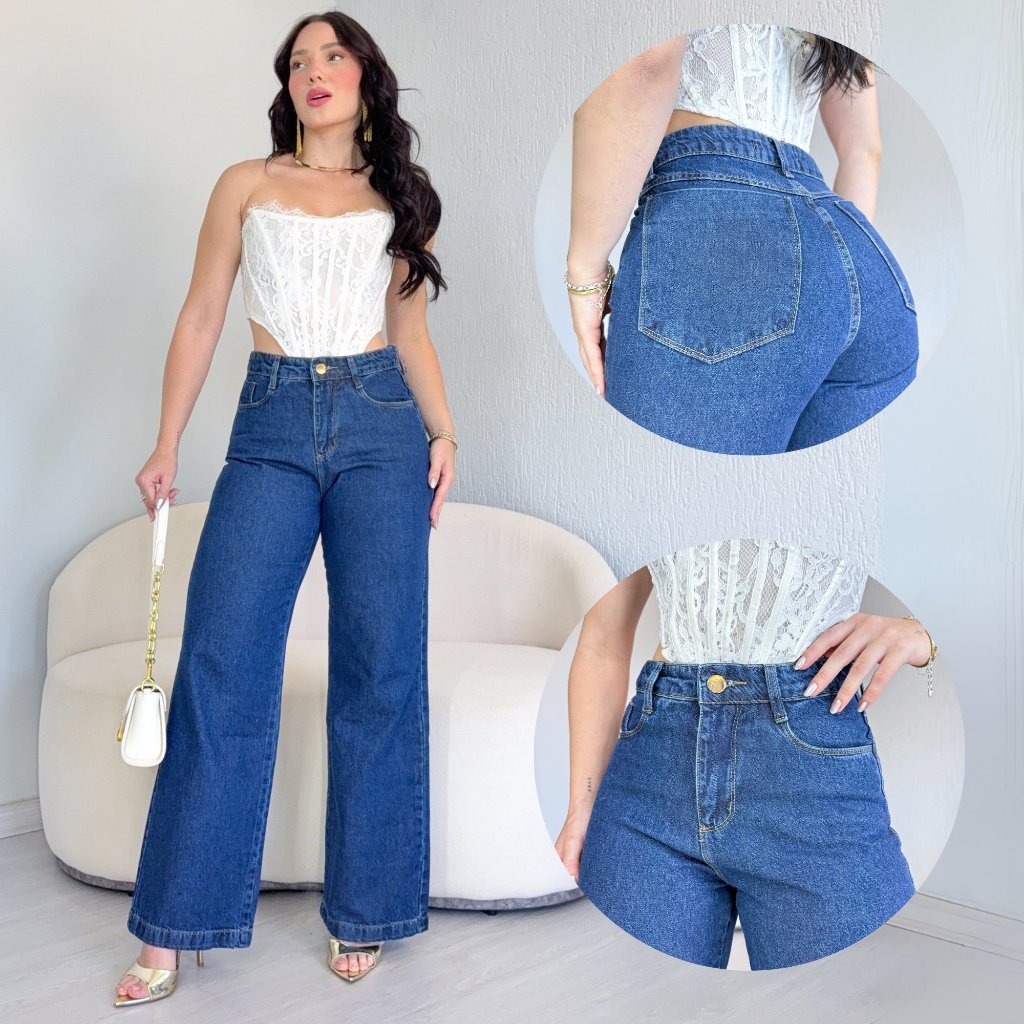 Calça Jeans Wide Leg Lisa Feminina Cintura Alta Levanta Bumbum Pantalona 34 ao 46 Casual em Oferta na Shopee
