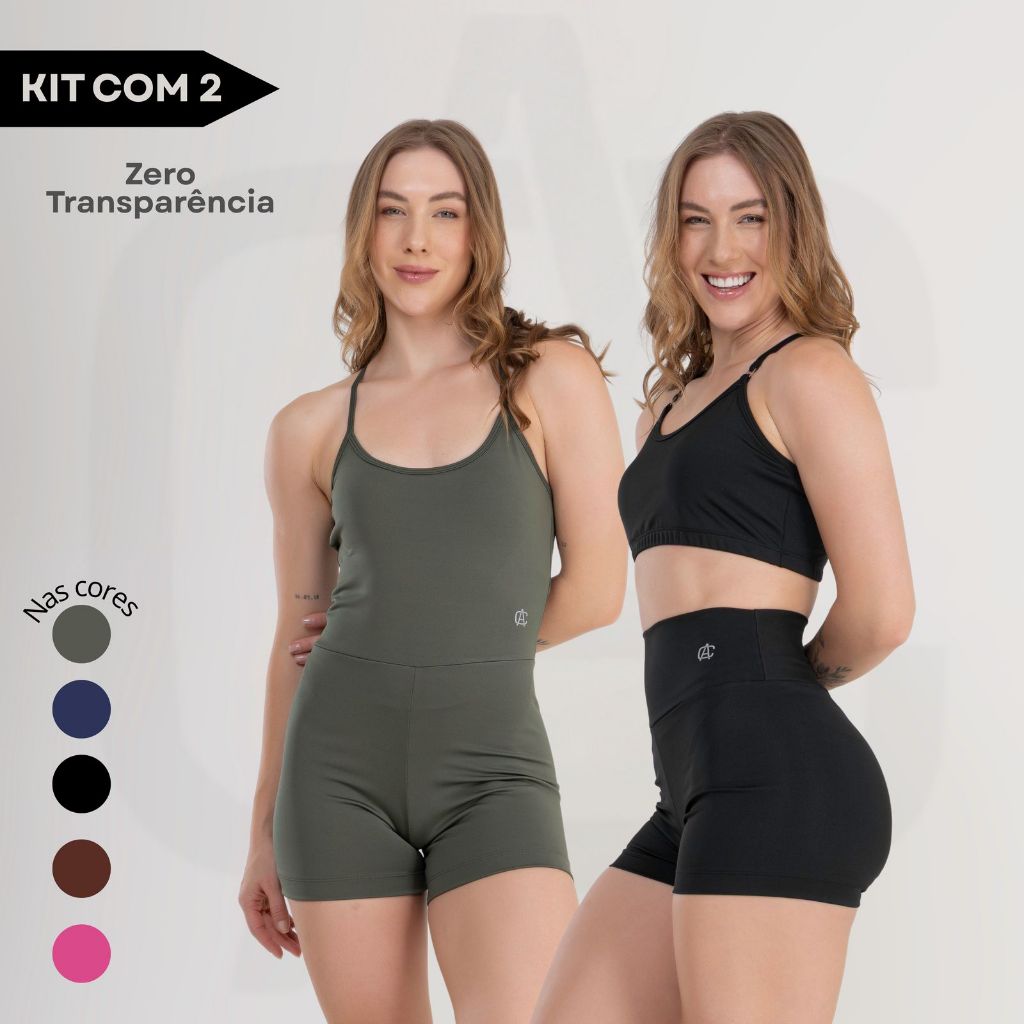 Kit Macaquinho Decote nas Costas + Conjunto Top Cropped Fitness com Short Meia Coxa Zero Transparência
