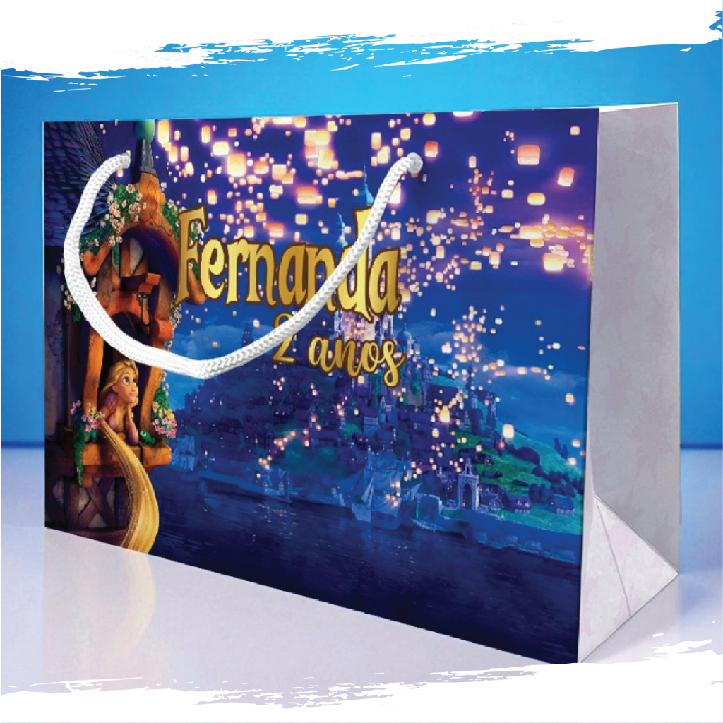Sacolinha de Festa Rapunzel Lembrancinha Personalizada Kit Festa Sacola Deitada Reta Enrolados Azul Princesa