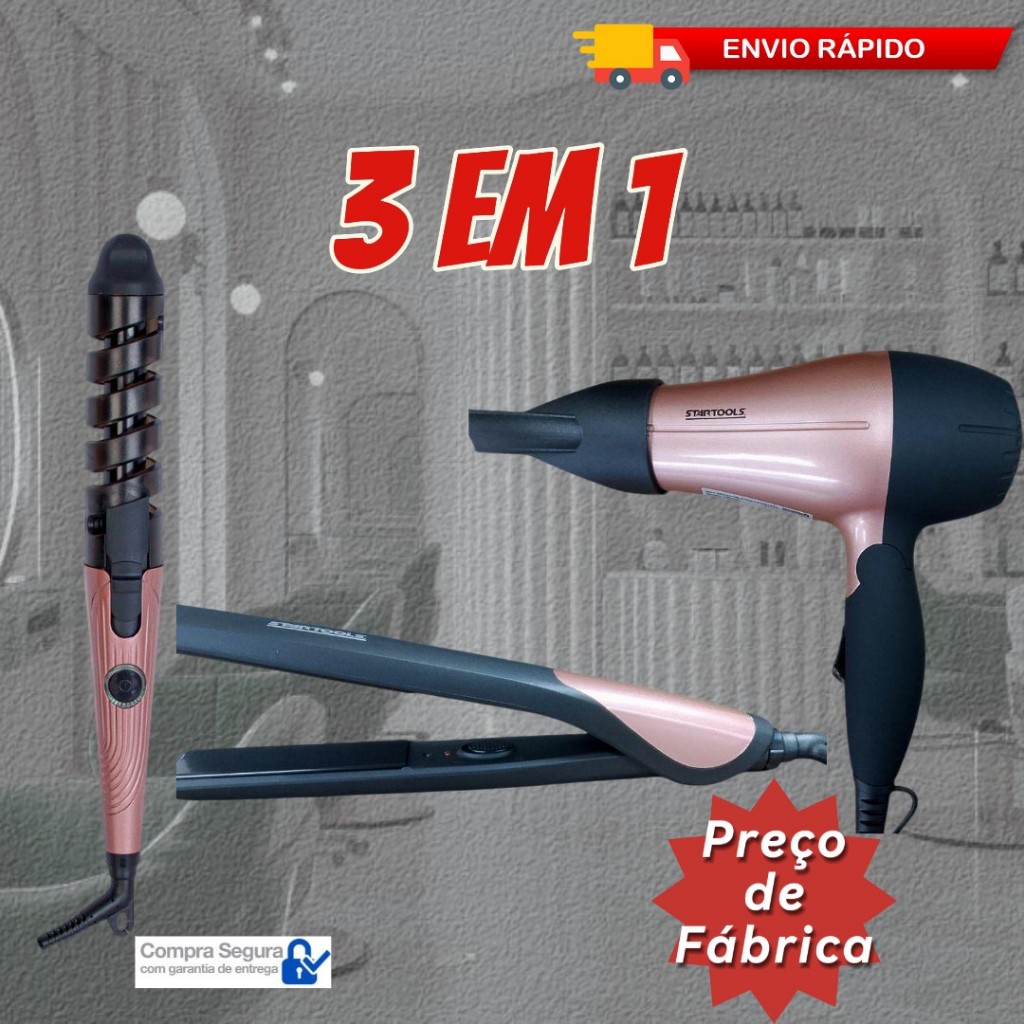 Kit Completo Cabelos Perfeitos Secador + Chapinha/Prancha + Modelador de Cachos Modelador de Cabelo - Bivolt Startools