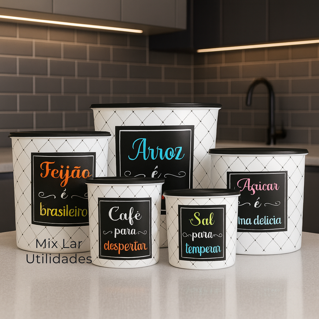 Kit 5 Potes Porta Mantimentos para cozinha plástico decorado