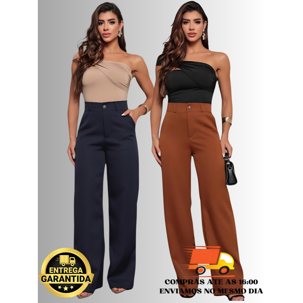 Calça Alfaiataria Pantalona Premium Com Bolso e Botao Cintura Alta PROMOÇÃO