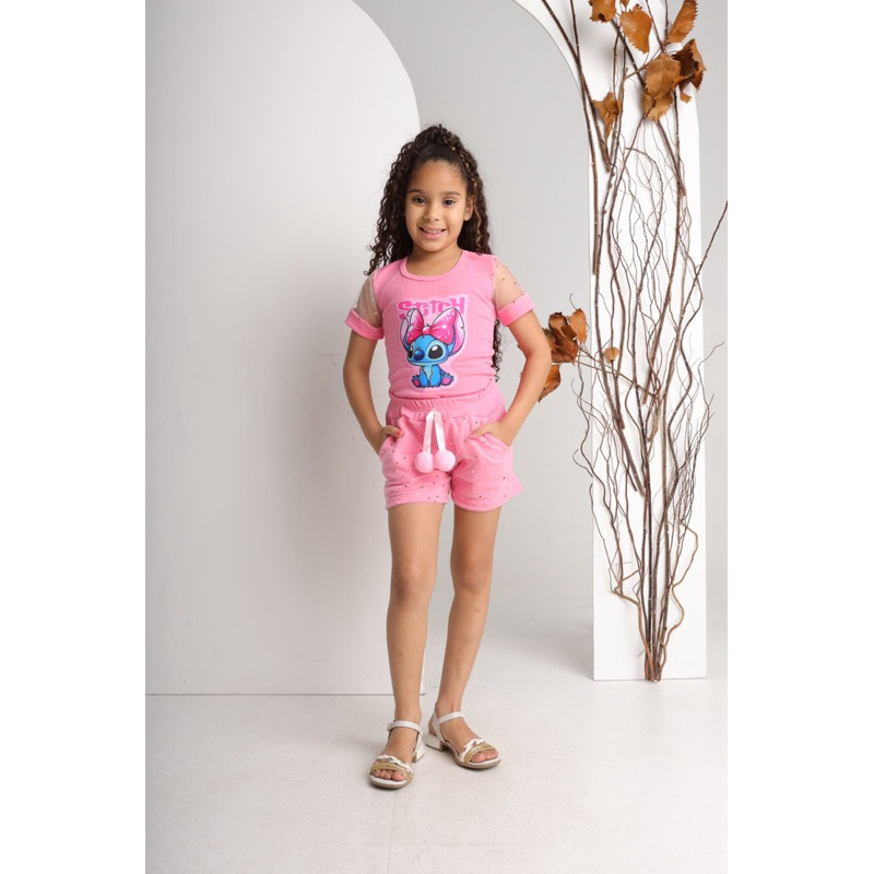 Conjunto infantil feminino do stitch blusa e short de Malha Bubble moda verão com tule estampa aleatória