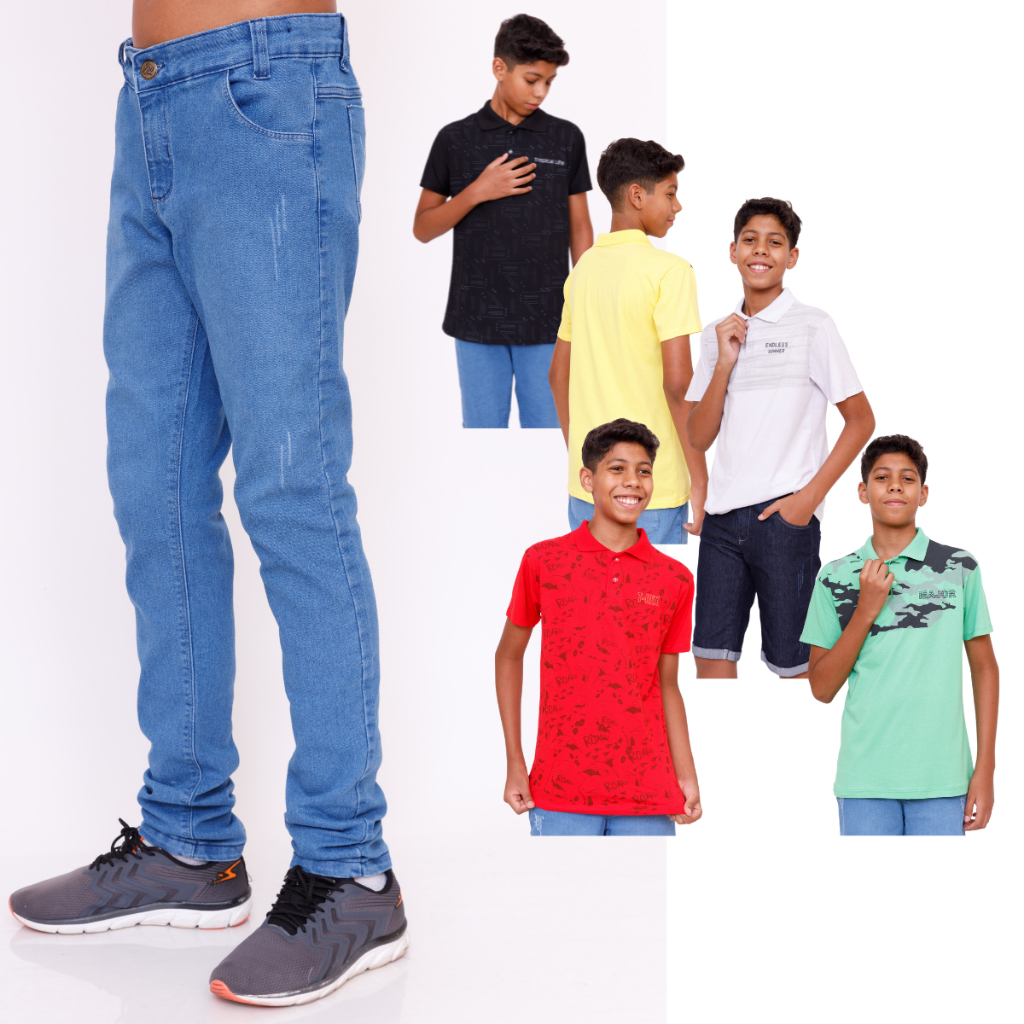 Combo Calça +5 Camiseta polo infantil juvenil esporte fino