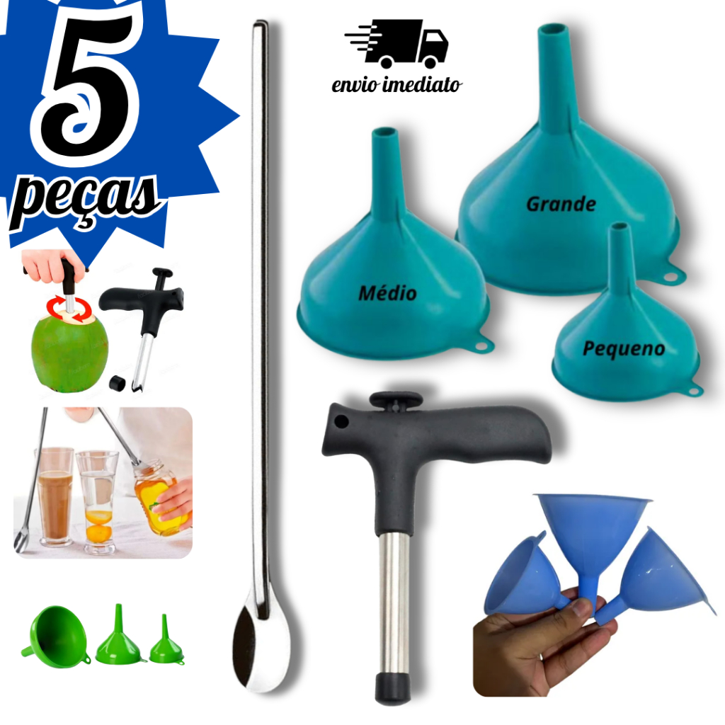 Funil Multiuso Tamanho P, M e G + Colher de Suco/ Bailarina + Furador de Côco Kit 5 Pçs Cozinha Bar
