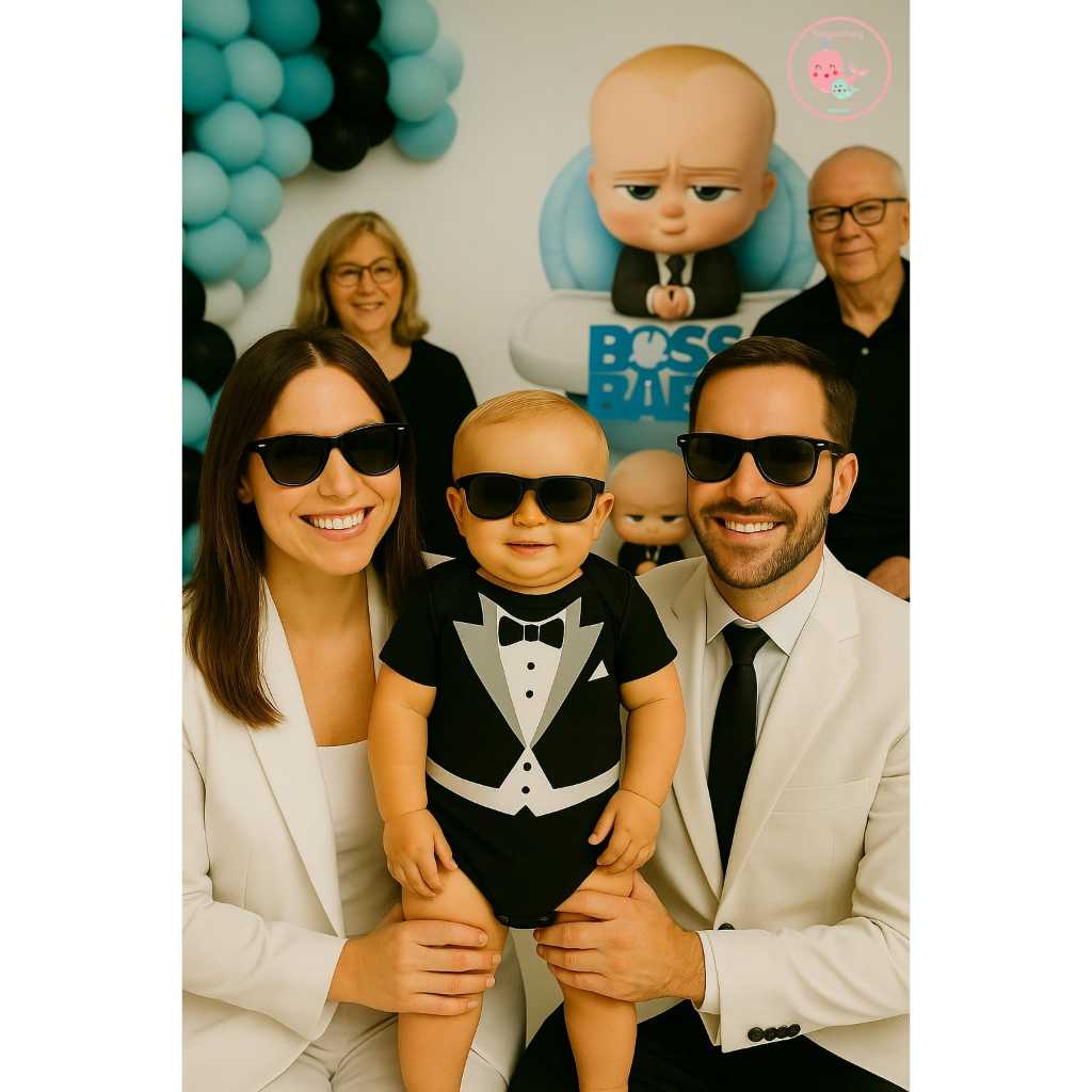Body bodie fantasia roupa bebê mesversario menino poderoso chefinho óculos