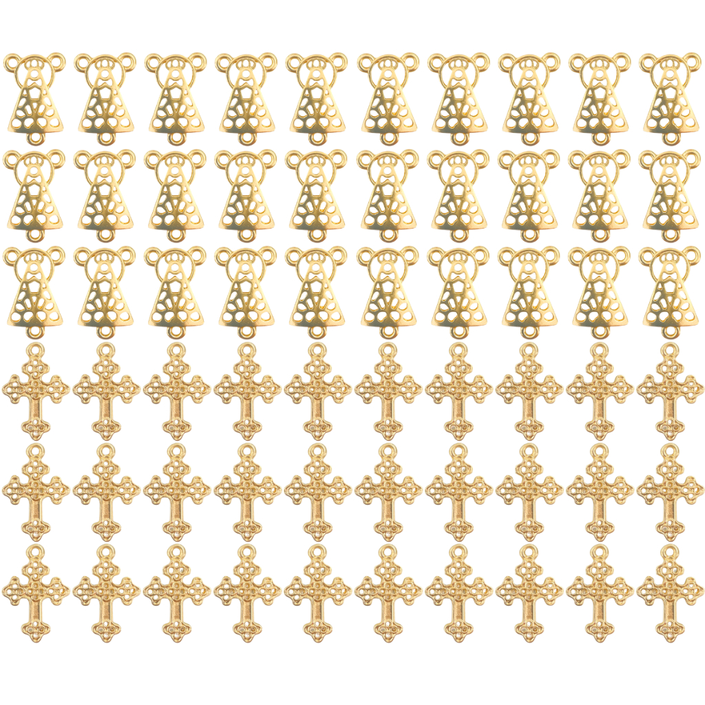 KIT 30 Pingente Crucifixo + 30 Entremeio Nossa Senhora Aparecida Cruz Furadinha Dourado Cataforético