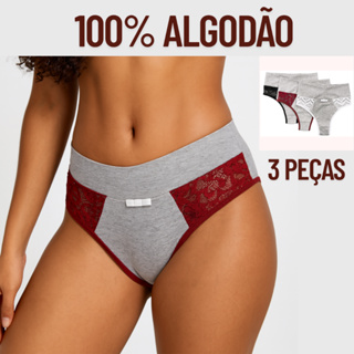Kit 3 Calcinhas de Algodão e Renda Cintura Alta Cós Alto em Oferta na Shopee