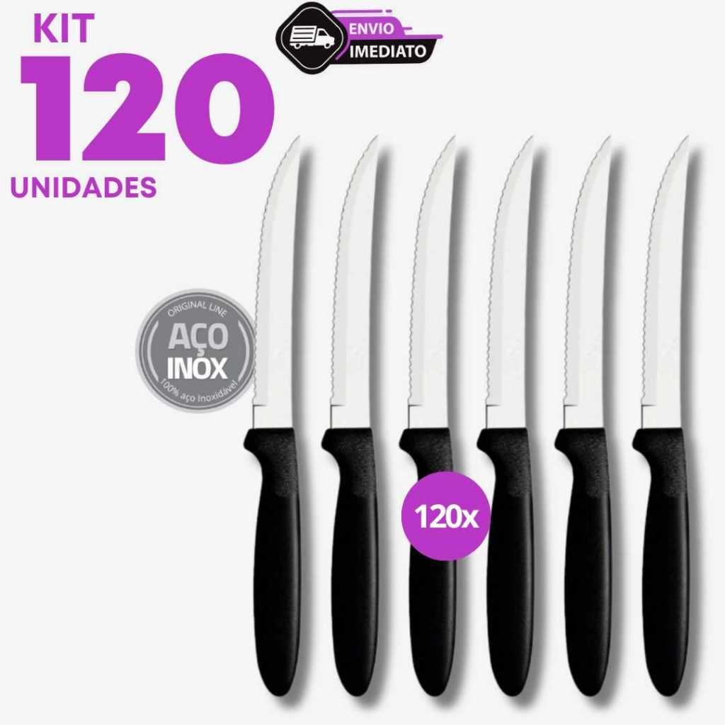 Jogo 120 Facas Inox com Ponta 20cm Cabo Preto Ergonômico Almoço Cozinha Jantar Domésticas Fruta Bar