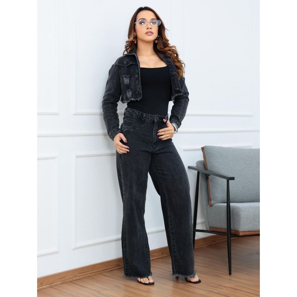 Calça Jeans Feminina Wide Leg Pantalona Cinza Grafite 100% Jeans Não Estica do 36 ao 44