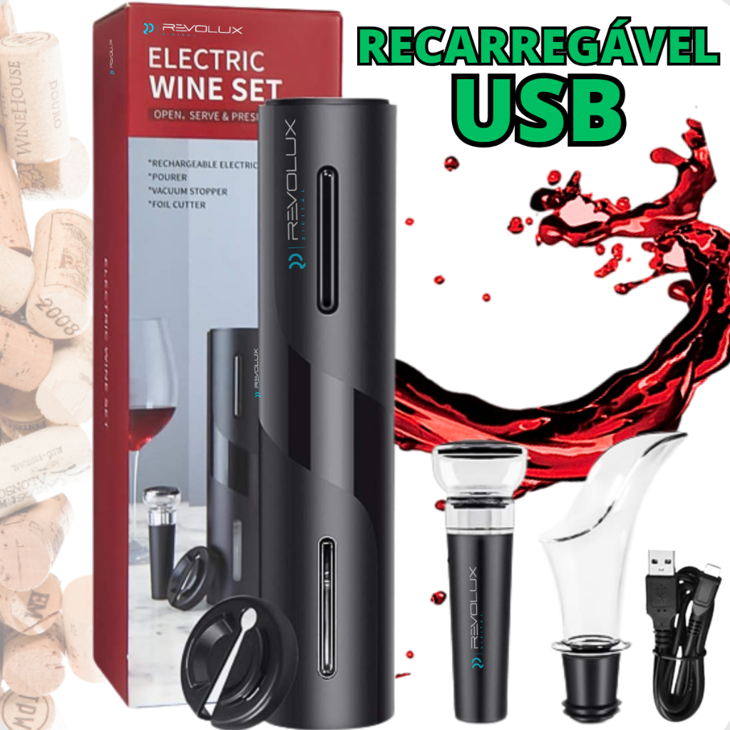 Abridor de Vinho Elétrico USB Com Acessórios Recarregável Saca Rolhas Automático Kit 4 Peças Premium Luxo em Oferta na Shopee