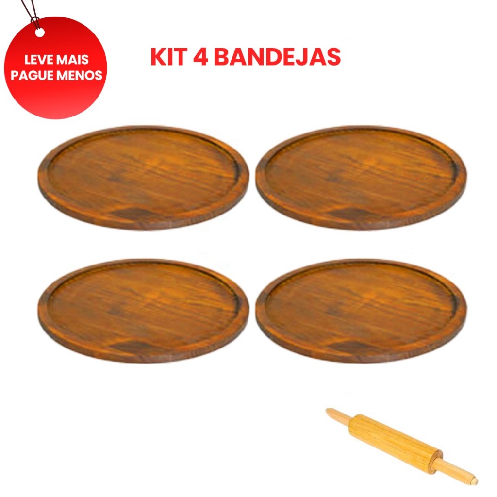 KIT 4 Bandejas de  Madeira  Redonda para Forma de alumínio 35cm Rustica, GRATIS ROLO