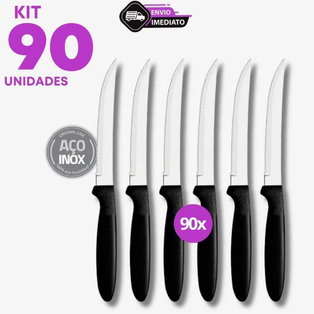 Jogo 90 Facas de Mesa Inox com Ponta e Cabo Preto 20cm Almoço Casa Café Pão Jantar Pizza Carne Bar