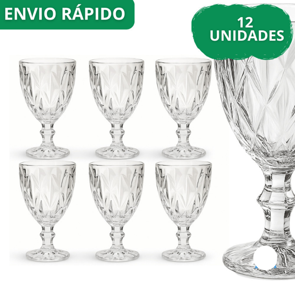 Kit Jogo 6 Taça Diamante Diamond Copo Vidro Transparente Bico De Jaca 340ml