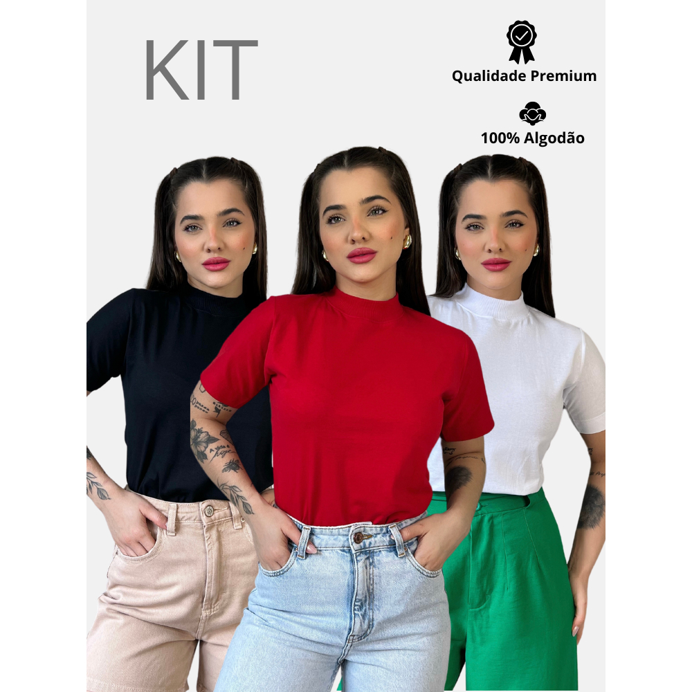 Kit 3 Blusas Gola Alta Feminina Elegante 100% Algodão Penteado Confortável em Oferta na Shopee
