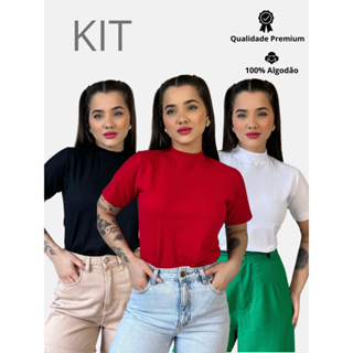 Kit 3 Blusas Gola Alta Feminina Elegante 100% Algodão Penteado Confortável em Oferta na Shopee