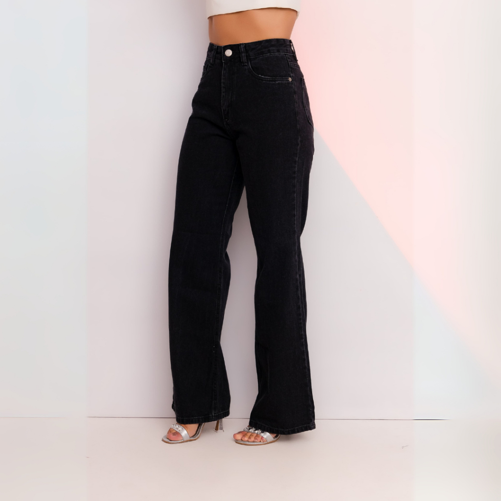 Calça Jeans Feminina Wide Leg Cintura Alta com Bolsos Laterais Estilo Vintage Confortável e Moderna