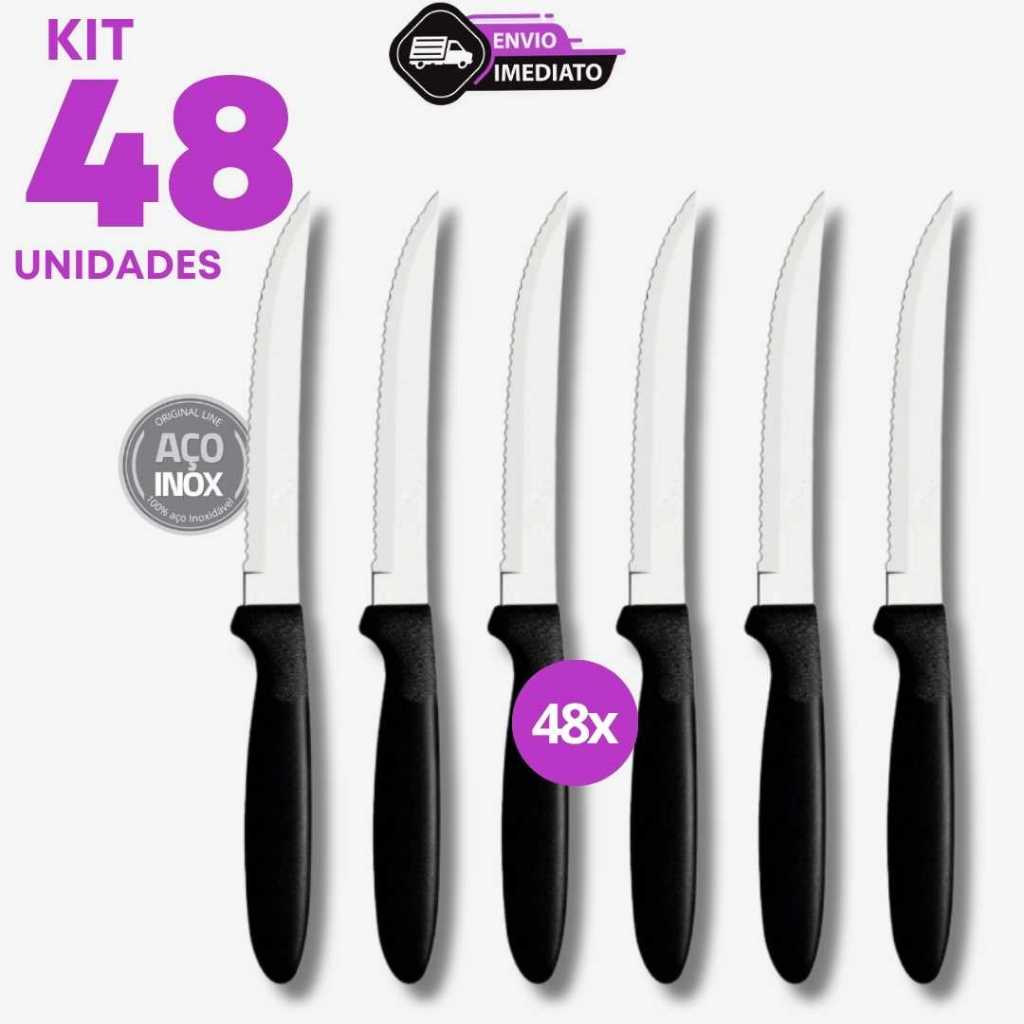 Jogo 48 Facas Inox com Ponta Cabo Preto 20cm Uso Diário Cozinha Churrasco Pão Bolo Queijo Casa Bar