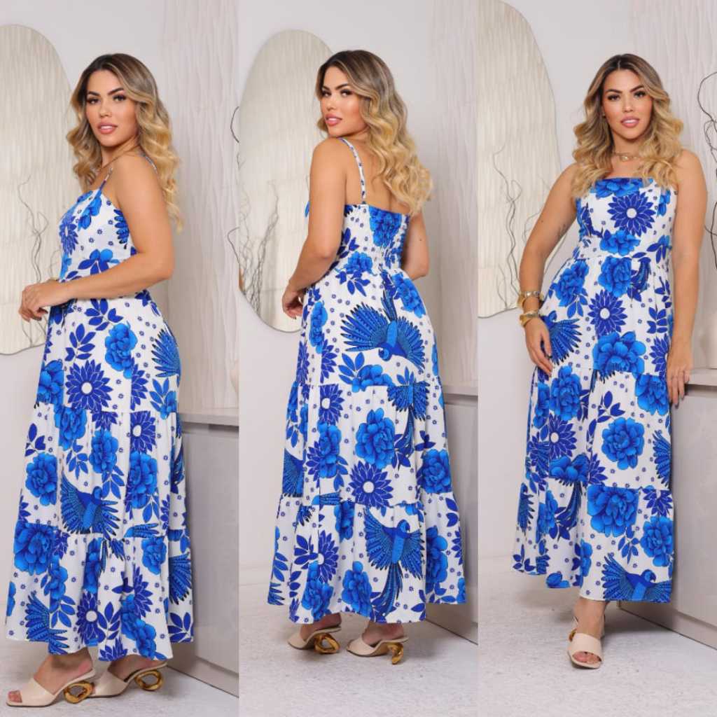 Vestido Longo Feminino Estampado Azul Com Bolho Alça Regulável Com LASTEX nas Costas em Oferta na Shopee