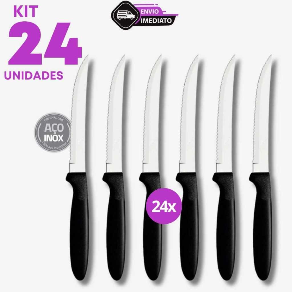 Jogo 24 Facas Inox com Ponta Cabo Preto Uso Diário Refeições Almoço Jantar Casa Bolo Verdura Café