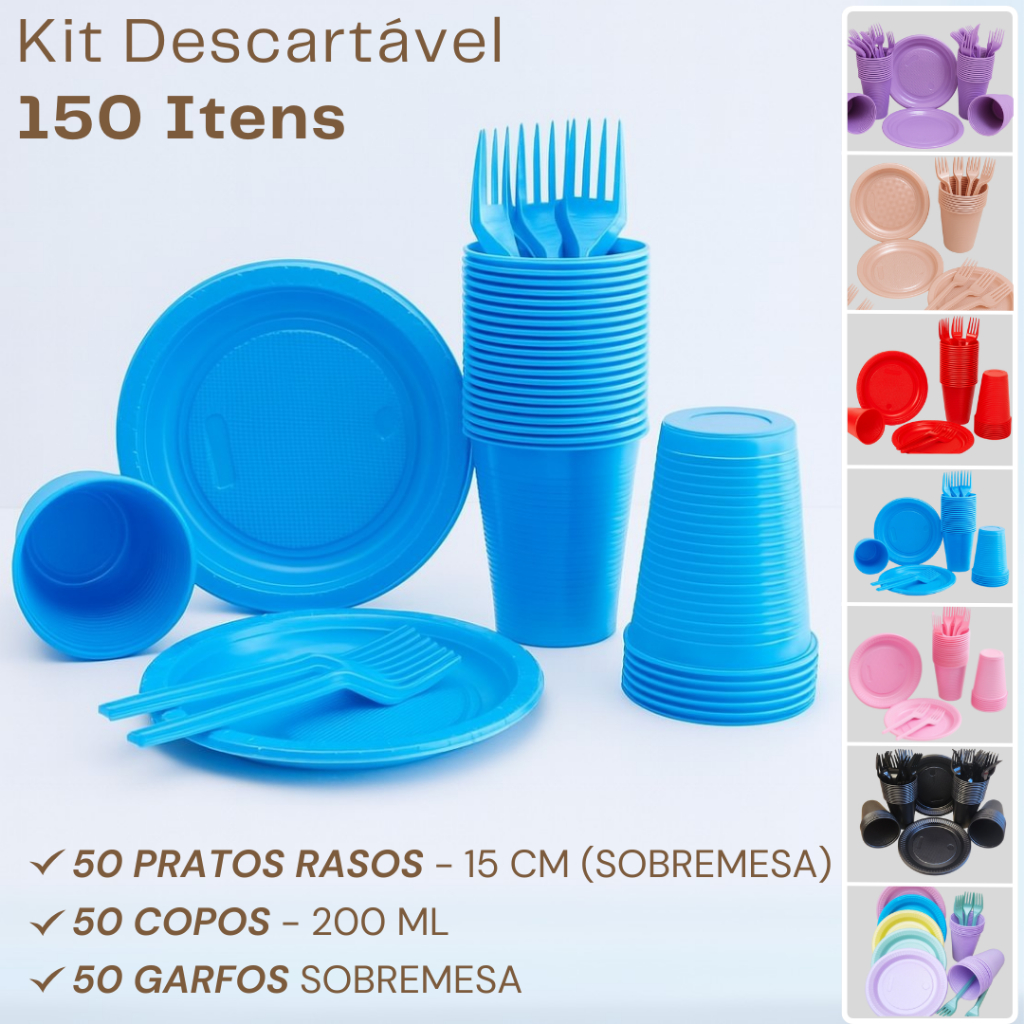 Kit Prato + Copo + Garfo Descartáveis Para Festa Aniversário 150 Itens