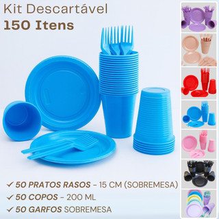 Kit Prato + Copo + Garfo Descartáveis Para Festa Aniversário 150 Itens